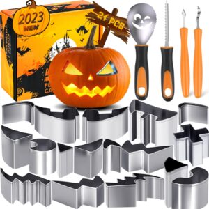halloween pumpkin carving kit, new 21pcs safe and easy pumpkin carving tools for kids, professional pumpkin carving set with stainless steel pumpkin carving stencils for halloween decoration