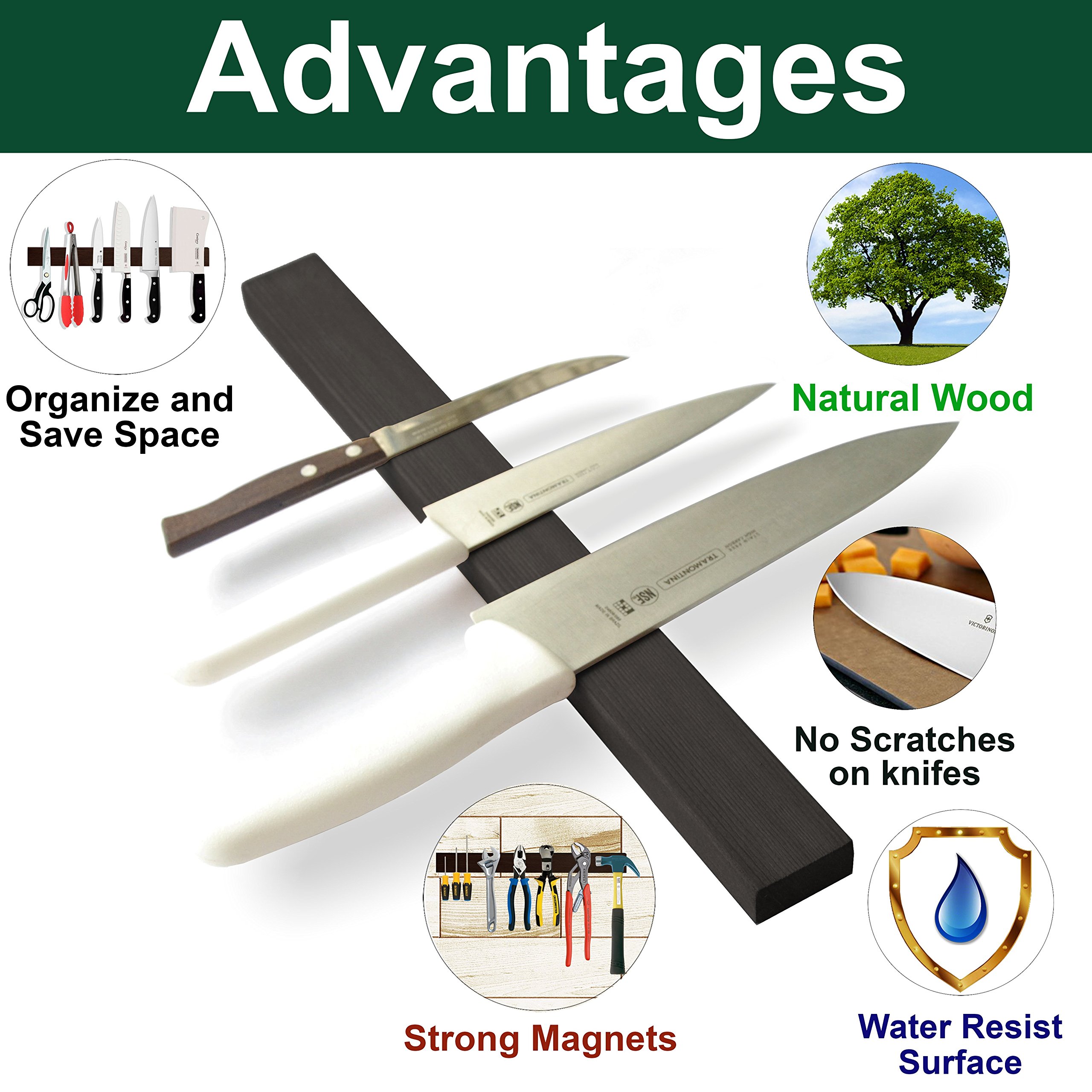 10 Inch Black Wood Magnetic Knife Strip Use as Magnetic Knife Holder - Magnetic Knife Rack - Magnetic Knife Bar - Wall Kitchen Magnetic Utensil Holder