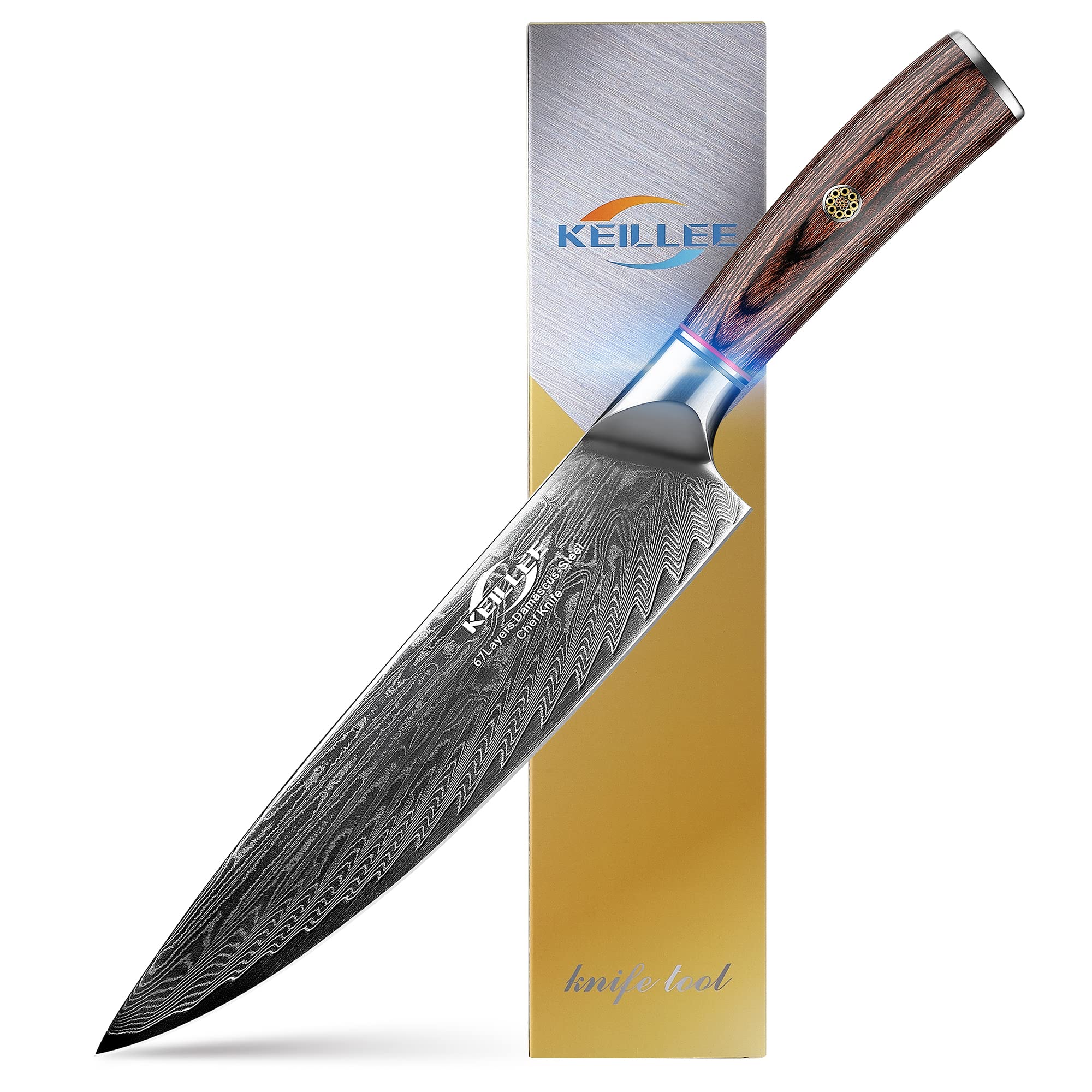 KEILLEE Premium 8-Inch Damascus Steel Chef Knife with Anti-Stick VG10 Blade and Ergonomic Handle