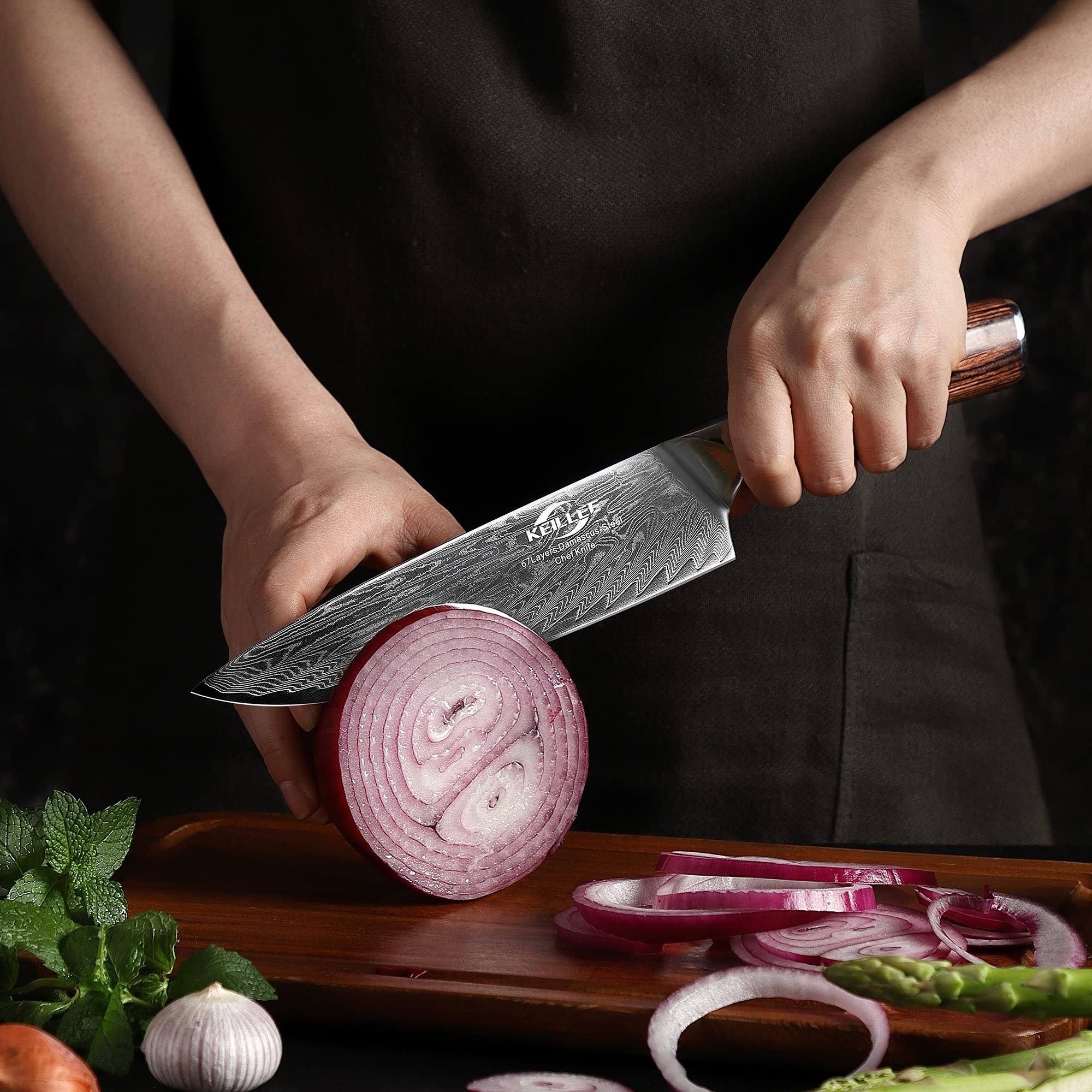 KEILLEE Premium 8-Inch Damascus Steel Chef Knife with Anti-Stick VG10 Blade and Ergonomic Handle