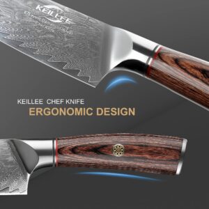 KEILLEE Premium 8-Inch Damascus Steel Chef Knife with Anti-Stick VG10 Blade and Ergonomic Handle