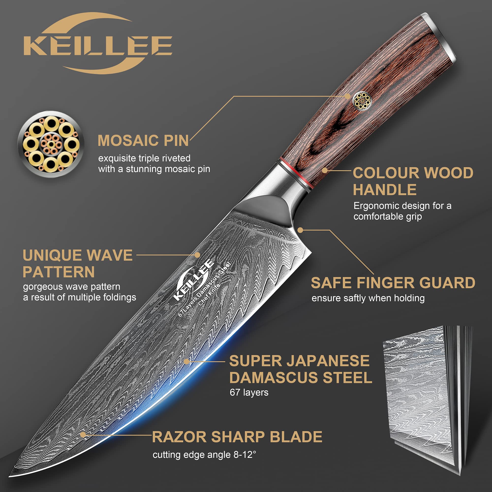 KEILLEE Premium 8-Inch Damascus Steel Chef Knife with Anti-Stick VG10 Blade and Ergonomic Handle