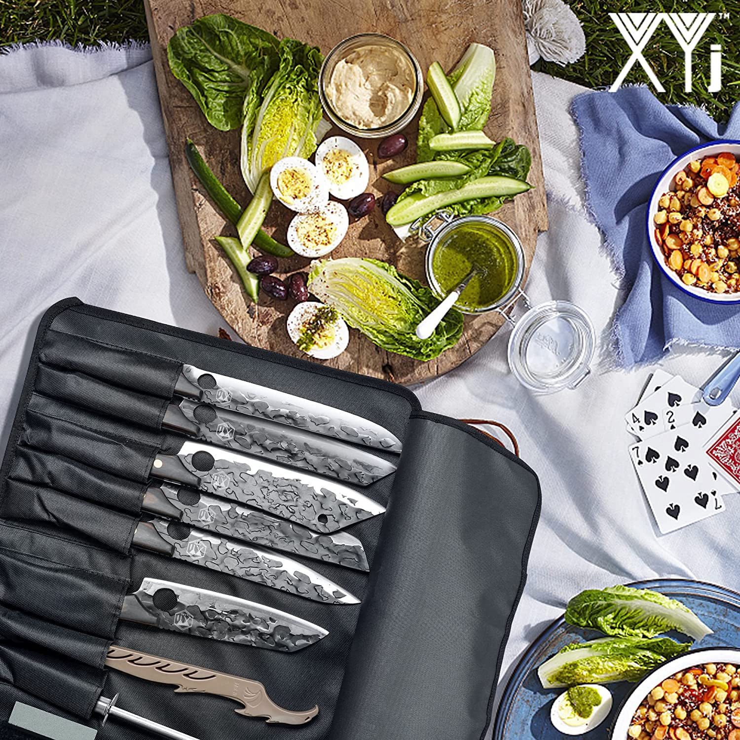 XYJ FULL TANG Camping Kitchen Knives Set With Knife Holder&Chef's Bag&Sharpener Rod 7 7.5 8 9 Inch Slicing Knife For Meat Vegetable Knives Block Set (Large Texture)