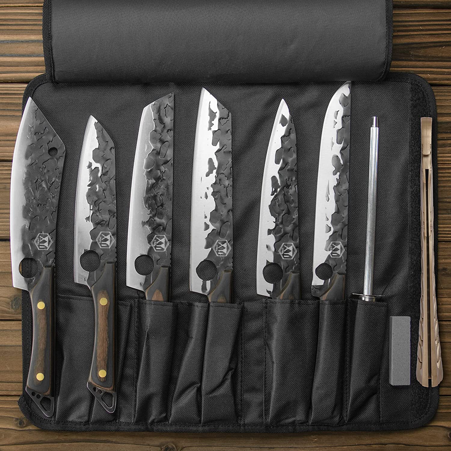 XYJ FULL TANG Camping Kitchen Knives Set With Knife Holder&Chef's Bag&Sharpener Rod 7 7.5 8 9 Inch Slicing Knife For Meat Vegetable Knives Block Set (Large Texture)