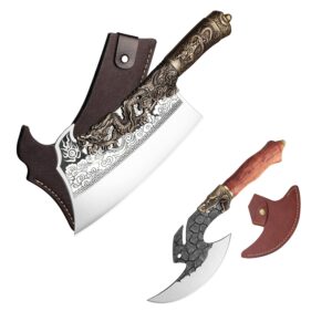 rococo bone cleaver heavy duty bundle with sharp meat cutting knife butcher boning chopping viking gift men hunting bbq camping