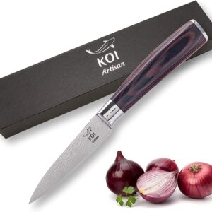 KOI ARTISAN 3.5 Inch Paring Knife, 1 Count, Versatile & Heavy-Duty Mini Chef's Knife for Peeling, Trimming, Slicing Garlic, Onions, Cutting Small Fruits & Vegetables