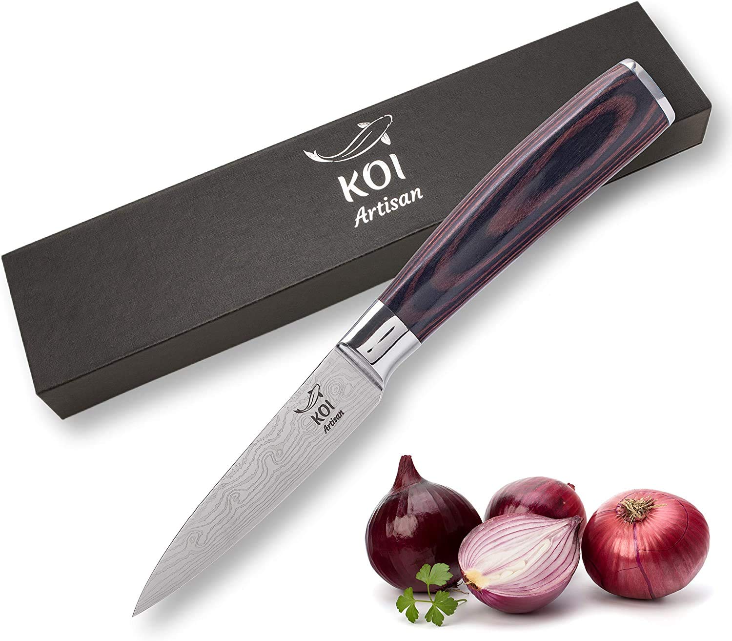 KOI ARTISAN 3.5 Inch Paring Knife, 1 Count, Versatile & Heavy-Duty Mini Chef's Knife for Peeling, Trimming, Slicing Garlic, Onions, Cutting Small Fruits & Vegetables