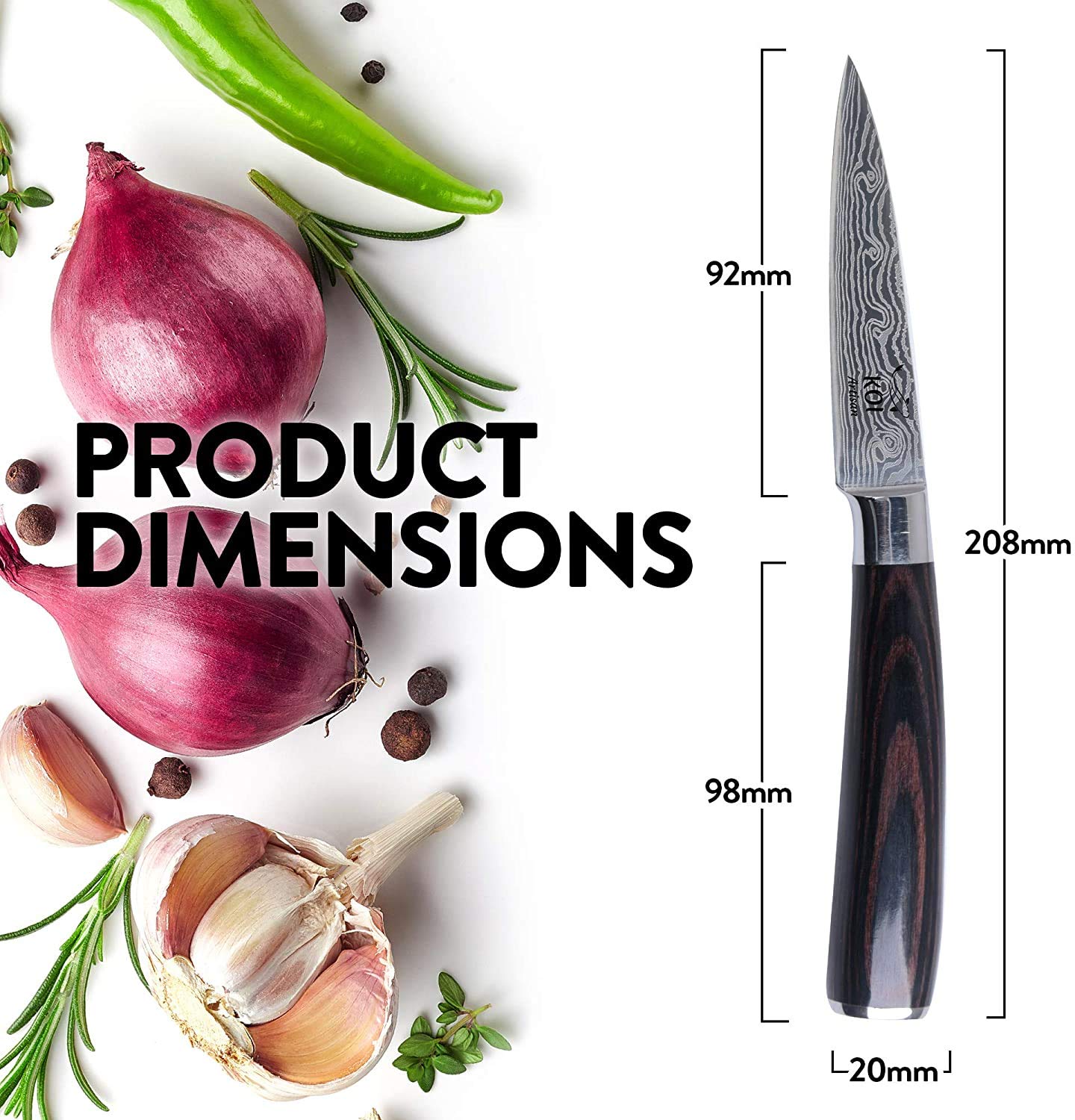 KOI ARTISAN 3.5 Inch Paring Knife, 1 Count, Versatile & Heavy-Duty Mini Chef's Knife for Peeling, Trimming, Slicing Garlic, Onions, Cutting Small Fruits & Vegetables