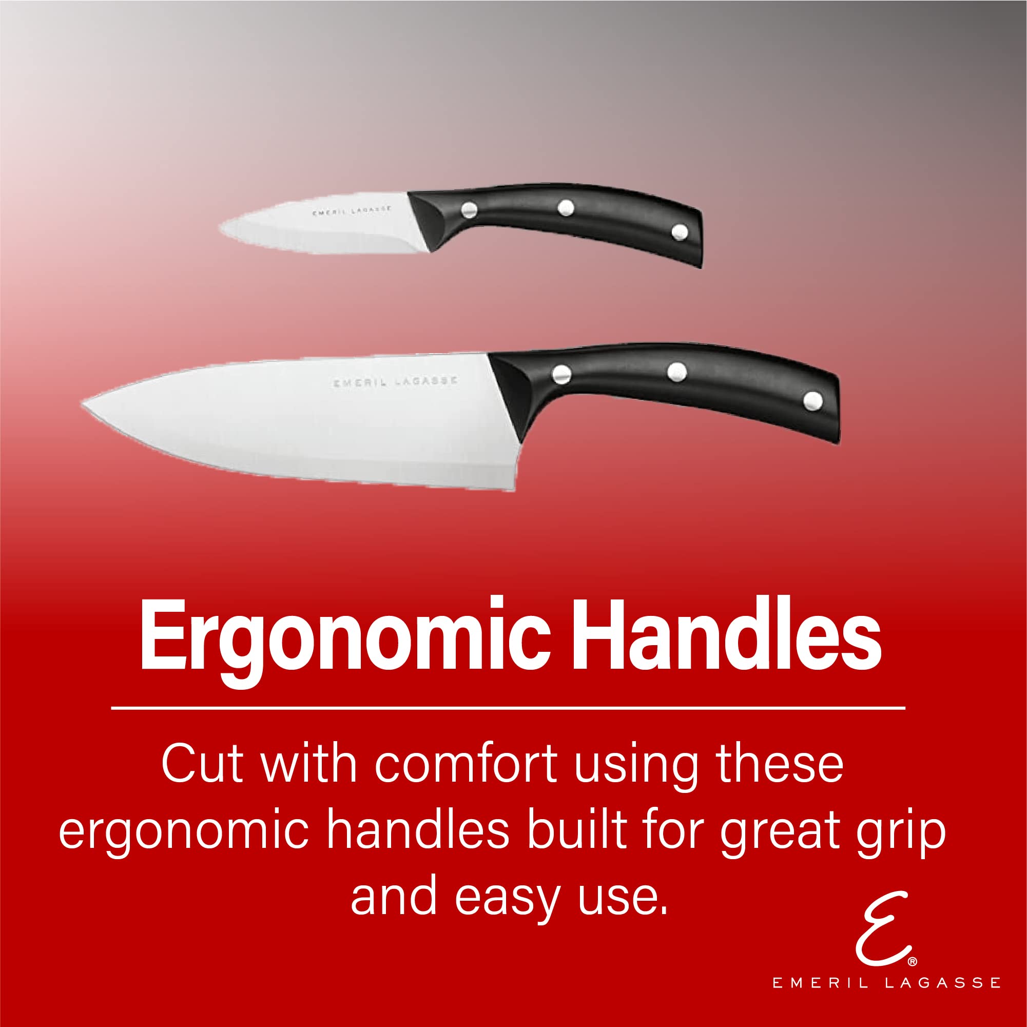 Emeril Lagasse 3-Piece Stamped Kitchen Knife Set - 8” Chef Knife, 5” Serrated Utility Knife, & 3.5” Paring Knife - Effortlessly Slice Fruits & Meats