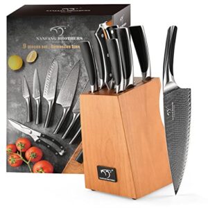 9 pieces damascus kitchen knife set, kitchen knife set with block, abs ergonomic handle for chef knife set, knife sharpener and kitchen shears, knife block set for chopping, slicing & cutting
