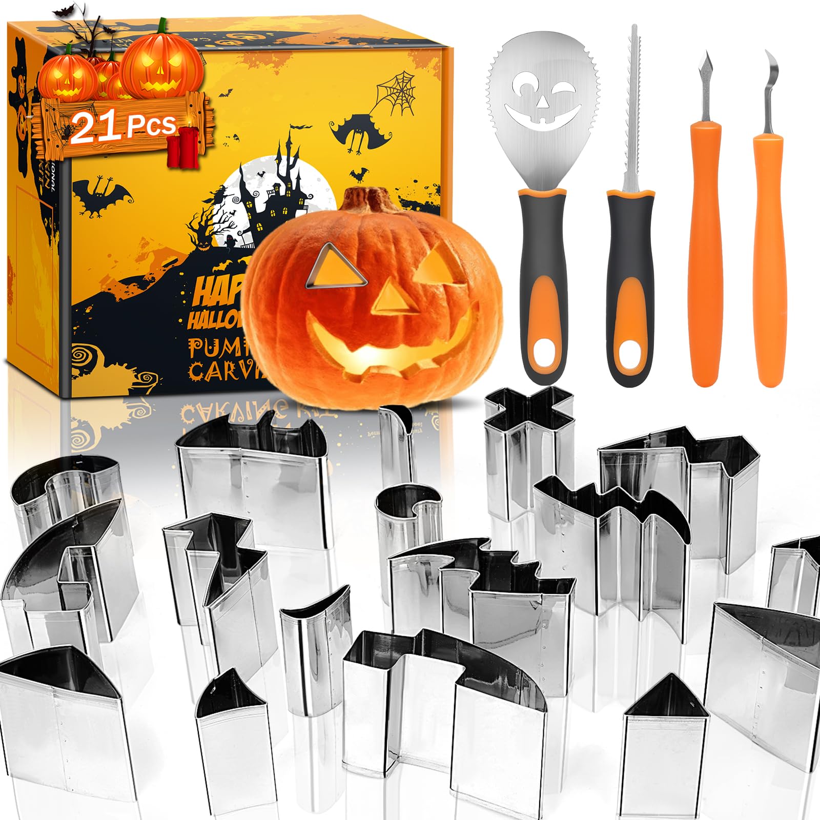 Luxital Halloween Pumpkin Carving Kit For Kids, New 21Pcs Pumpkin Carving Tools Set, Professional Pumpkin Carving Cutters with Stainless Steel Safe Knife Stencils for Halloween Decoration