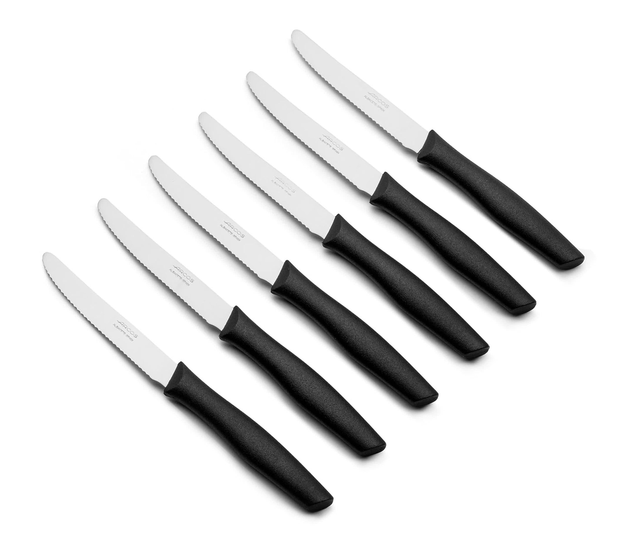 ARCOS Steak knife Set of 6 Pieces. Serrated Utility Knives Set. Ergonomic Polypropylene Handle. 4 Inch Nitrum Stainless Steel and 110 mm blade. Series Nova. Can be used effortlessly.