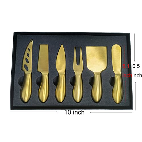 Matte Gold Cheese Knife Set for Platter Accessories - Stainless Steel 6 piece Charcuterie Board Utensils - Brass Cheese Butter Spreader Knife Fork Cutter Slicer - Housewarming Christmas Gift