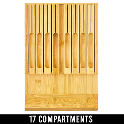 mDesign Bamboo In-Drawer Knife Organizer Holder Storage Block for Kitchen; 16-Slot Cutlery Dock Insert Holds 8 Small Knives, 8 Large Knives and Sharpener - Home Sort Collection - Natural