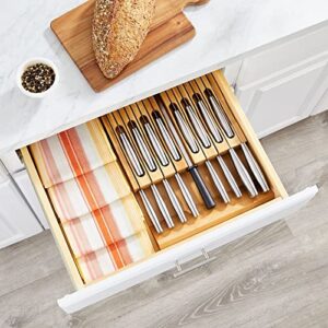 mDesign Bamboo In-Drawer Knife Organizer Holder Storage Block for Kitchen; 16-Slot Cutlery Dock Insert Holds 8 Small Knives, 8 Large Knives and Sharpener - Home Sort Collection - Natural