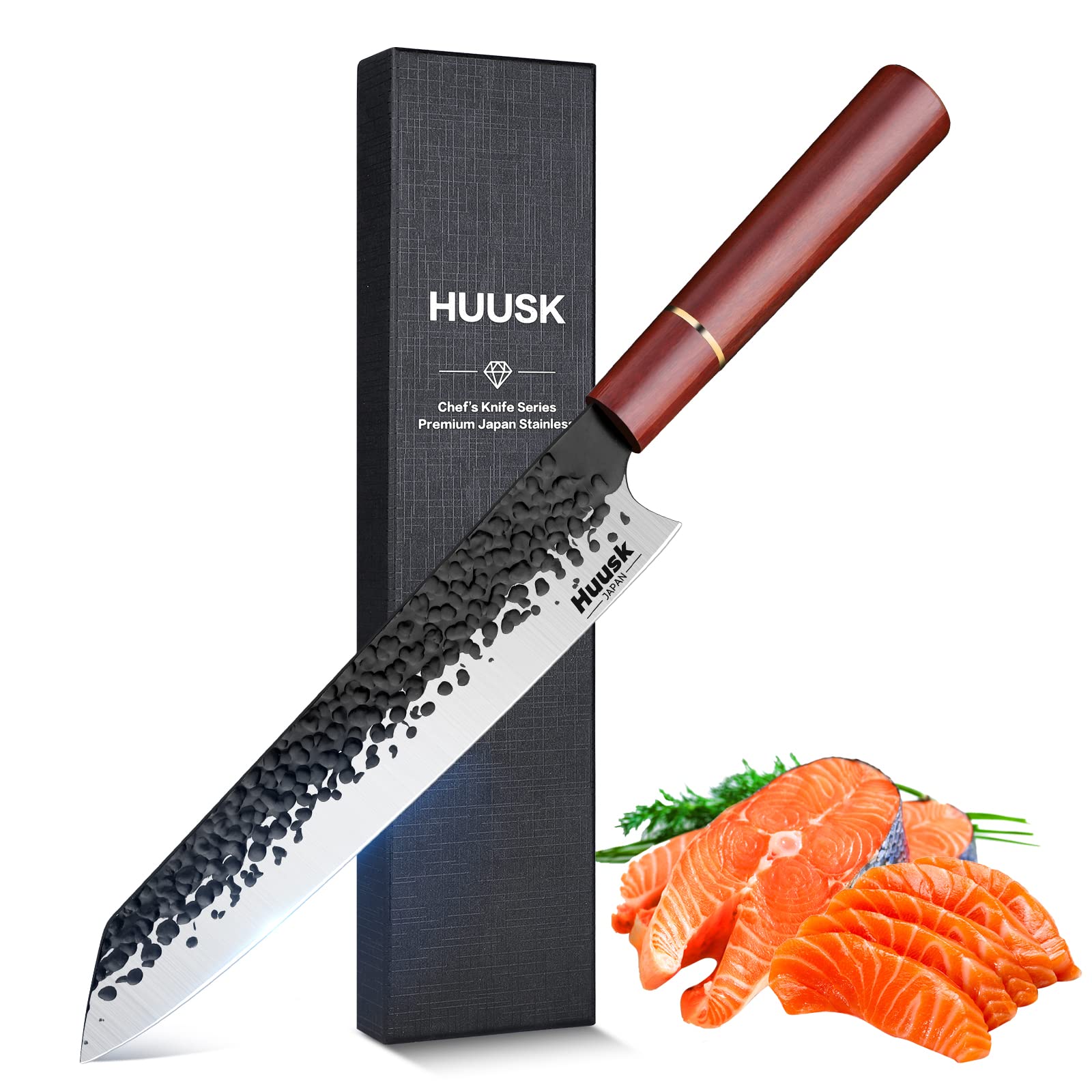 Huusk Japan knife, Kiritsuke Chef Knife Professional 9" High Carbon Steel Japanese Kitchen Knife Hand Forged Meat Sushi Knife Ultra Sharp Cooking Knife Full Tang Bunka Knife for Sushi Poultry