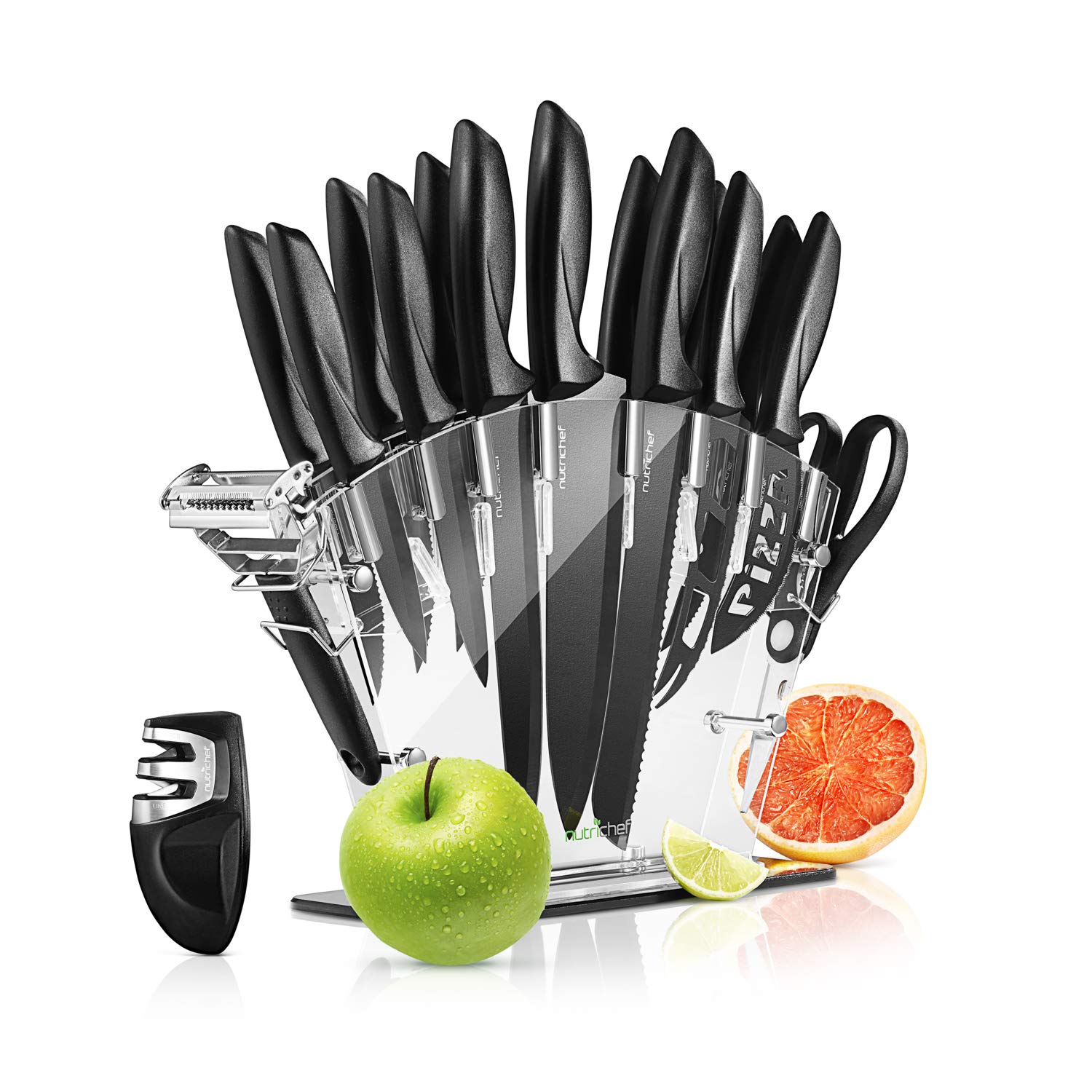 NutriChefKitchen 17 Piece Kitchen Knife Set - Stainless Steel Kitchen Precision Knives Set w/ 6 Steak Knives & Bonus Sharpener, Chopping, Dicing - NCKNS17.5, Black