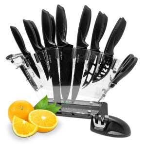 NutriChefKitchen 17 Piece Kitchen Knife Set - Stainless Steel Kitchen Precision Knives Set w/ 6 Steak Knives & Bonus Sharpener, Chopping, Dicing - NCKNS17.5, Black