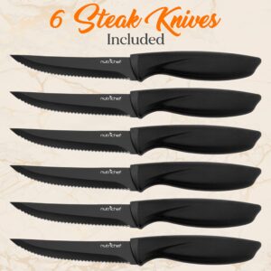 NutriChefKitchen 17 Piece Kitchen Knife Set - Stainless Steel Kitchen Precision Knives Set w/ 6 Steak Knives & Bonus Sharpener, Chopping, Dicing - NCKNS17.5, Black