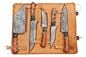 custom handmade damascus chef knives set/kitchen knives 5 pieces set ss-17211 (orange and black color wood)