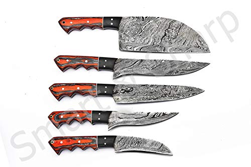 Custom Handmade Damascus Chef Knives Set/Kitchen Knives 5 Pieces Set SS-17211 (Orange and Black Color Wood)