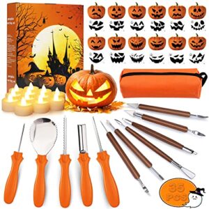 35 pcs halloween pumpkin carving kit for kids adults, professional pumpkin cutting supplies knife set stainless pumpkin carving tools kit with stencils & light up candles diy halloween decoration