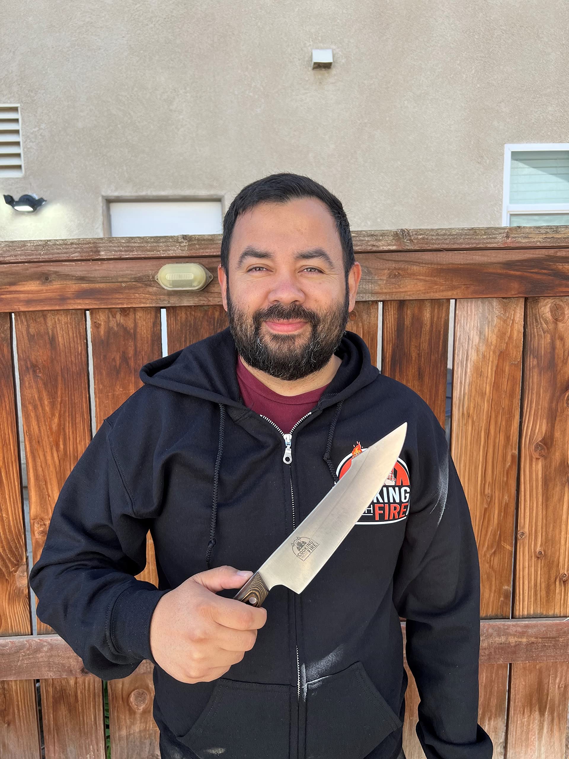 Miguel Raya's COOKING WITH FIRE 8 Inch Chef's Knife High Carbon 7Cr17MoV Stainless Steel With Pakkawood Handle Multipurpose Chef Knives For Home Kitchen, Camping and Outdoor BBQ