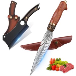feather viking knife dragon viking cleaver knife set japanese forged in fire boning knife high carbon steel kitchen cleaver with sheath for outdoor camping bbq collection christmas gift men