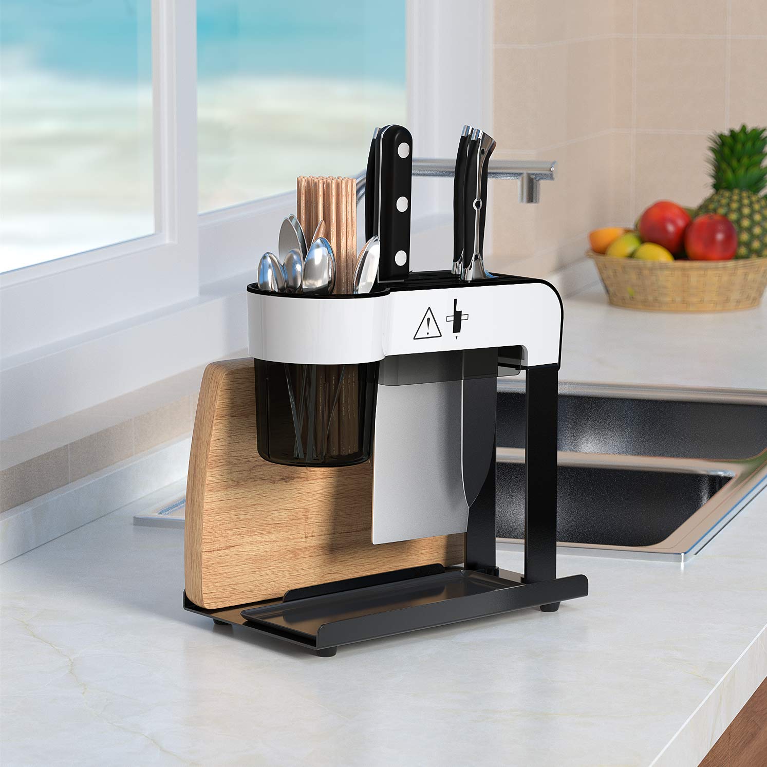 PremiumRacks Multifunctional Stainless Steel Knife Block- Utensil Holder - Cutting Board Storage - All In One Rack