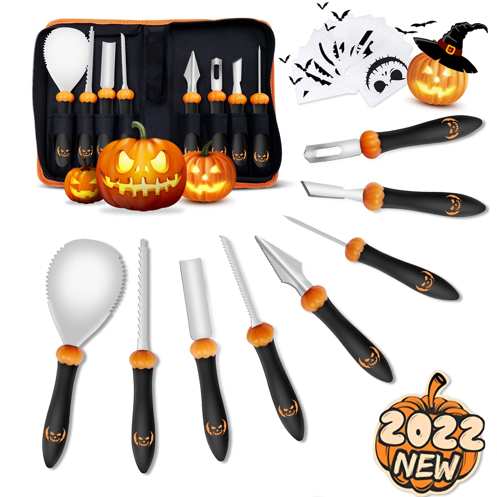 2022 NEW 8PCS Pumpkin Carving Kit, Heavy Duty Stainless Steel Knife Set for Kids Adults,Pumpkin Carving Set with Carrying Case and Sticker