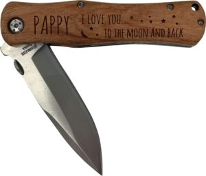 pappy - i love you to the moon and back stainless steel folding pocket knife with clip, wood