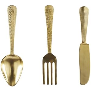 deco 79 aluminum metal utensils home wall decor knife, spoon and fork wall sculpture, set of 3 wall art 4" w, 23" h, gold