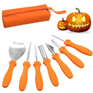 amusend halloween pumpkin carving kit, 7 piece professional pumpkin cutting stainless steel carving tools with carrying bag