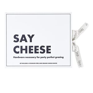 Santa Barbara Design Studio Gift Set Kitchen Essentials Face to Face Designs Black and White Cardboard Book Gift Box, 4-Pieces, Say Cheese Ceramic Cheese Knives