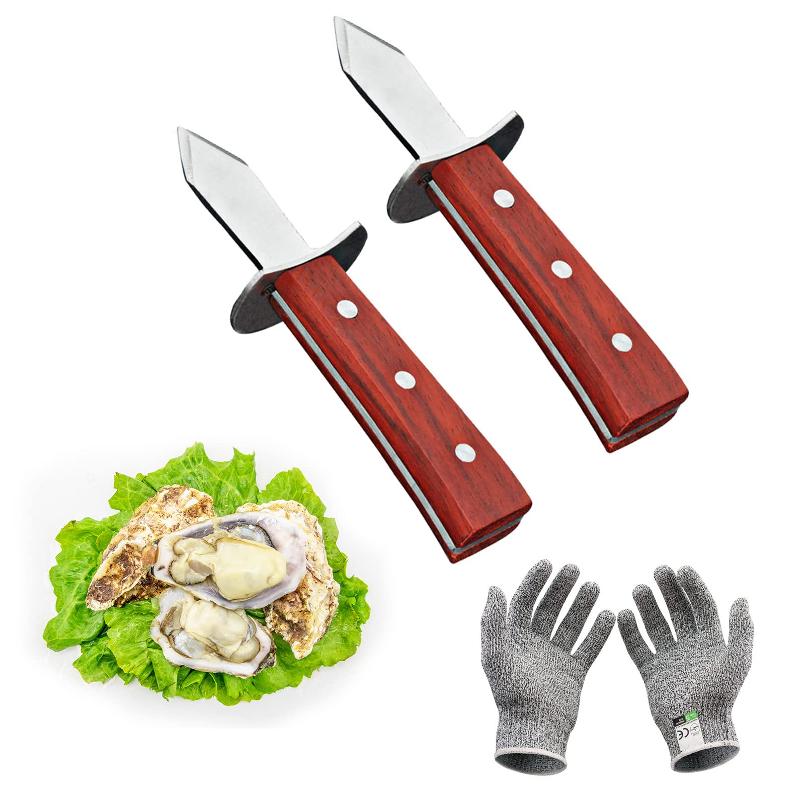 CZHONGQUE Oyster Shucking Knife Set of 2 Professional Oyster Shucker with Wood-handle and 1 Pairs Level 5 Protection Gloves,Seafood Opener Kit Tools Gift(2Knifes+1Glove L)