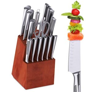 lastools kitchen knife set, 15 pieces knife sets for kitchen with wood block, super sharp and sturdy superior german stainless steel knife sets, meat scissors, knife sharpener