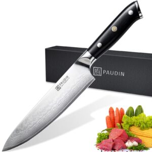 paudin damascus chef knife, 8 inch kitchen knife, japanese 67-layer vg-10 stainless steel sharp knife, professional chefs knife with ergonomic g10 handle, for home kitchen and restaurant