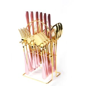 mgiahekc hanging silverware set, 24 pieces stainless steel cutlery set with stand, household flatware set, painted handles comfortable and durable, mirror polished easy to clean,pink