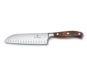 victorinox grand maitre santoku knife - sharp kitchen knife - ergonomic chopping knife for kitchen essentials - wooden handle, fluted edge, 7"