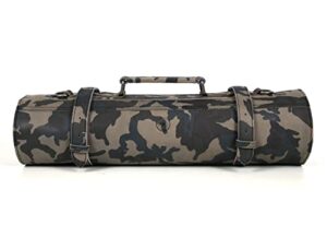 leather knife roll storage bag, elastic and expandable 10 pockets, adjustable/detachable shoulder strap, travel-friendly chef knife case (camo green, leather)