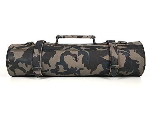 Leather Knife Roll Storage Bag, Elastic and Expandable 10 Pockets, Adjustable/Detachable Shoulder Strap, Travel-Friendly Chef Knife Case (Camo Green, Leather)