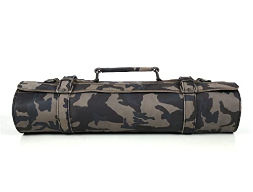 Leather Knife Roll Storage Bag, Elastic and Expandable 10 Pockets, Adjustable/Detachable Shoulder Strap, Travel-Friendly Chef Knife Case (Camo Green, Leather)