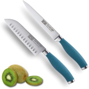 taylors eye witness syracuse asian kitchen knife set - chefs santoku 13cm/5” & cooks all purpose 13cm/5” cutting edge, multi use. ultra fine, razor sharp blade. soft grip air force blue handle.