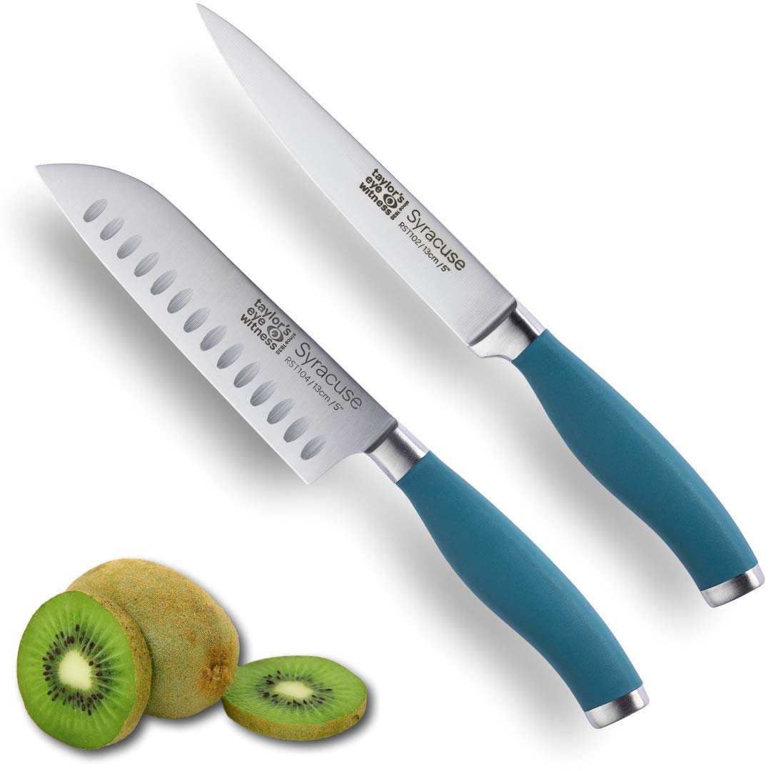 Taylors Eye Witness Syracuse Asian Kitchen Knife Set - Chefs Santoku 13cm/5” & Cooks All Purpose 13cm/5” Cutting Edge, Multi Use. Ultra Fine, Razor Sharp Blade. Soft Grip Air Force Blue handle.