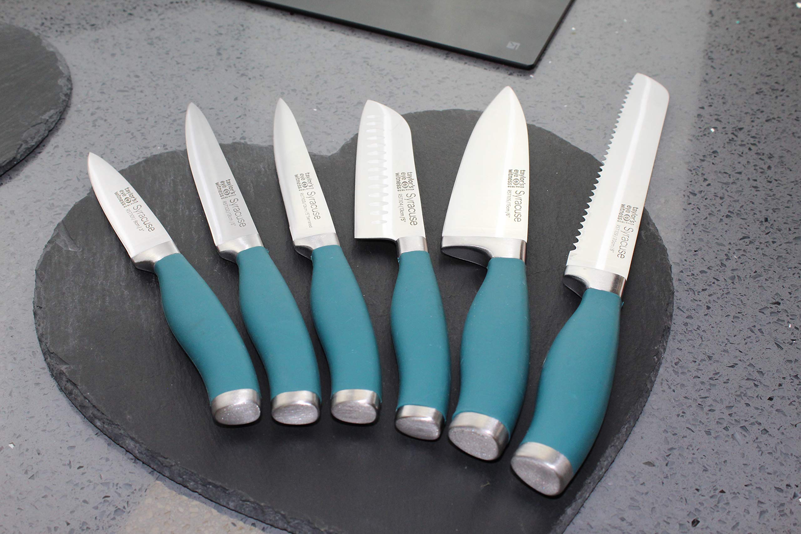 Taylors Eye Witness Syracuse Asian Kitchen Knife Set - Chefs Santoku 13cm/5” & Cooks All Purpose 13cm/5” Cutting Edge, Multi Use. Ultra Fine, Razor Sharp Blade. Soft Grip Air Force Blue handle.