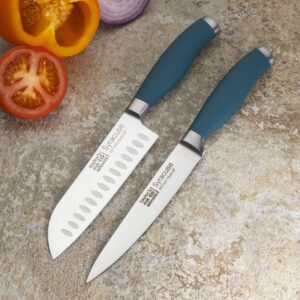 Taylors Eye Witness Syracuse Asian Kitchen Knife Set - Chefs Santoku 13cm/5” & Cooks All Purpose 13cm/5” Cutting Edge, Multi Use. Ultra Fine, Razor Sharp Blade. Soft Grip Air Force Blue handle.