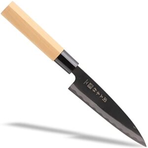 seki sanbonsugi japanese utility chef kitchen knife, kurouchi carbon tool steel petty paring knife, shiraki wooden handle, 135 mm, made in seki japan