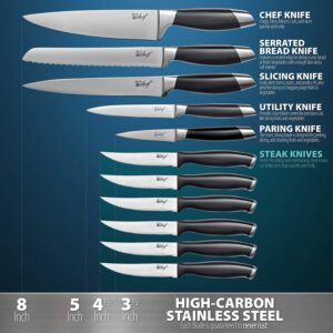 Deco Chef 12-Piece Stainless Steel Kitchen Knife Set with Full Tang High Grade Blades and Wooden Storage Block, Sharpening Manual Included