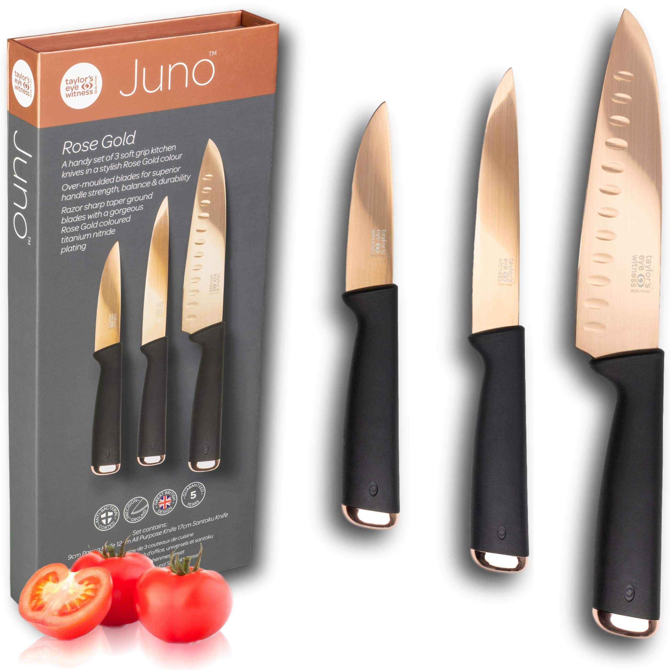 Taylors Eye Witness Juno Chrome 3 Piece Starter Knife Set - Paring, Utility & Santoku Knives. Precision Taper Ground. Strong Over Moulded Handle. 5 Year Guarantee