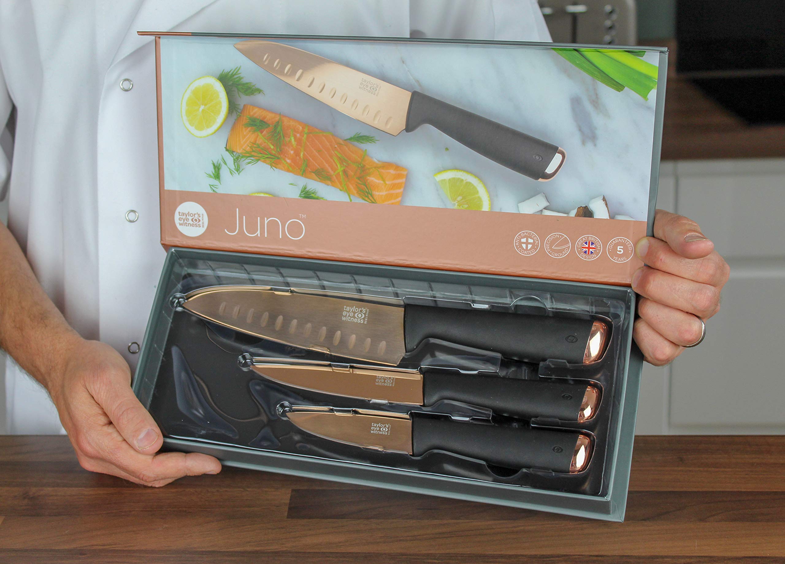 Taylors Eye Witness Juno Chrome 3 Piece Starter Knife Set - Paring, Utility & Santoku Knives. Precision Taper Ground. Strong Over Moulded Handle. 5 Year Guarantee